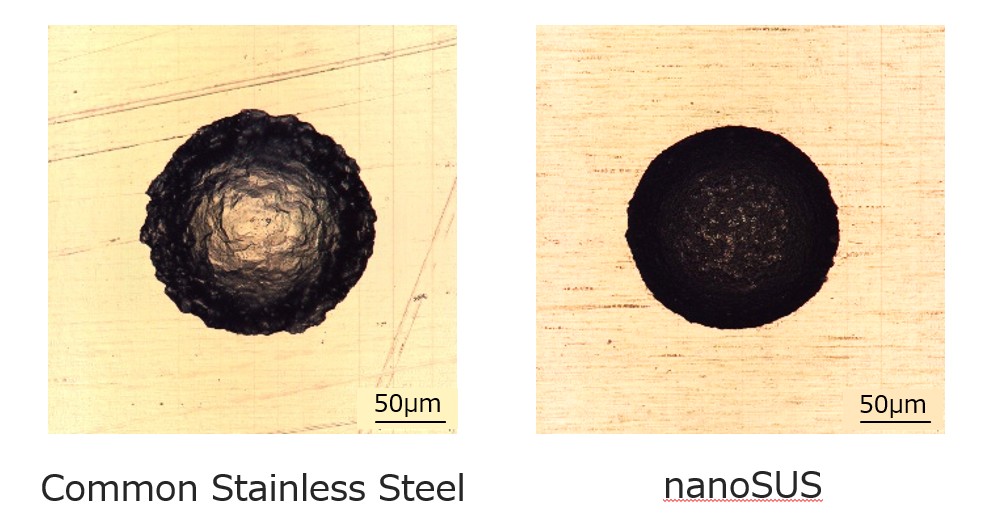 Comparison of the Half-Etched Round Hole Quality in common SUS and nanoSUS
